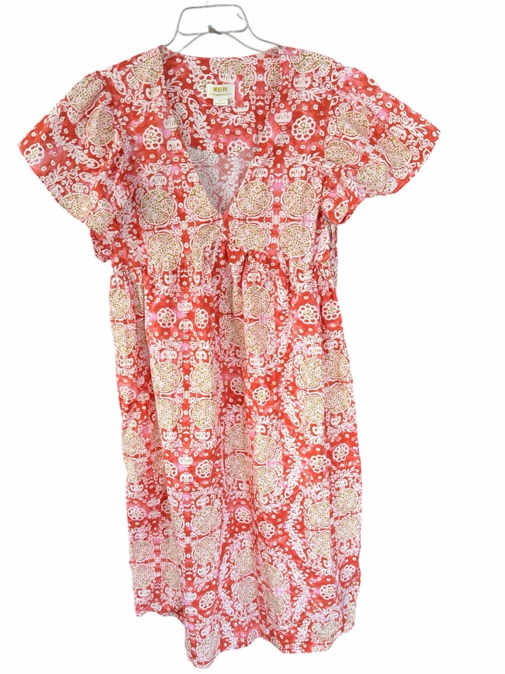 Anthro Maeve Coral Floral Babydoll Midi Dress L Cotton Pockets - Picture 2 of 6